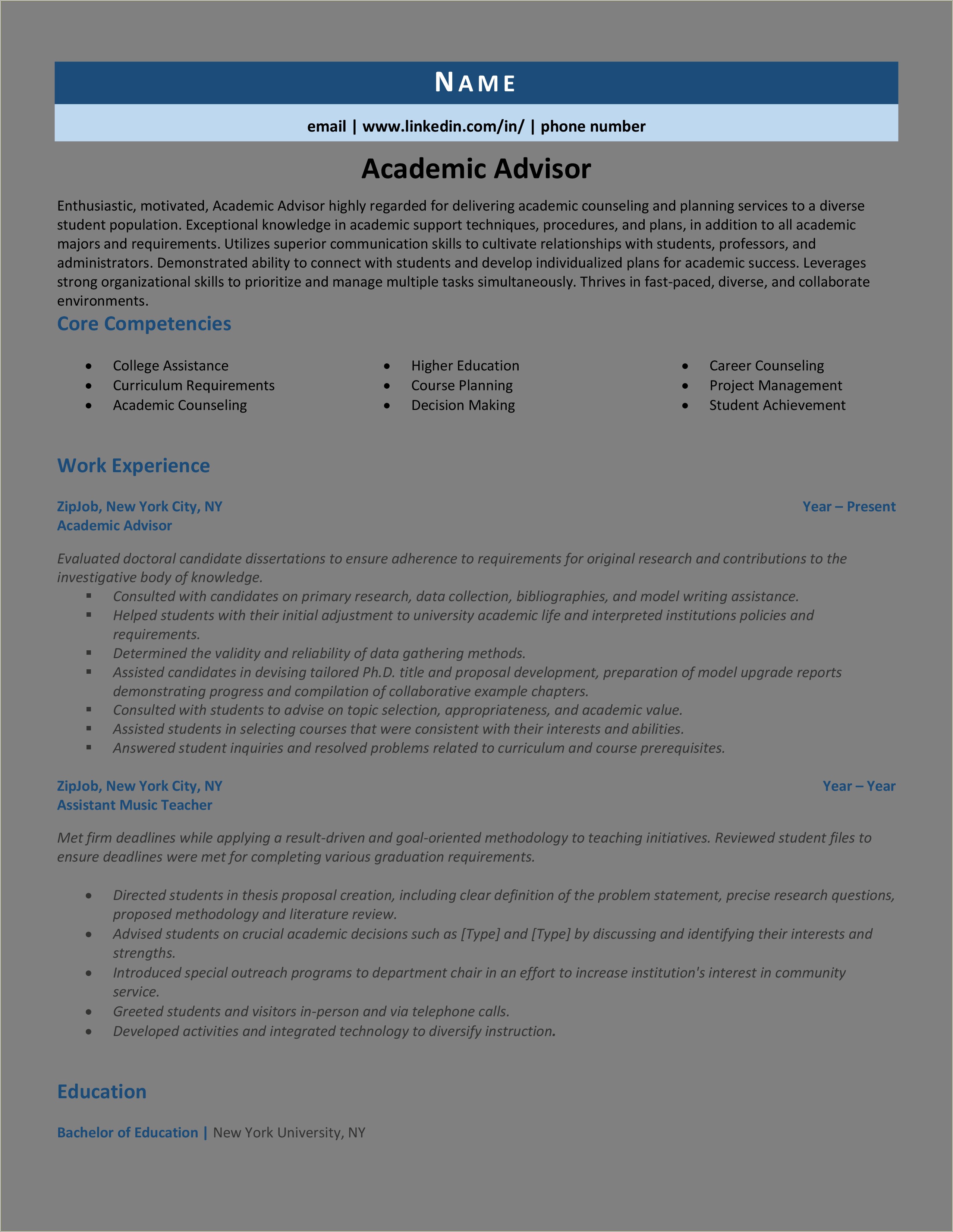 Example Of Academic Resume For College