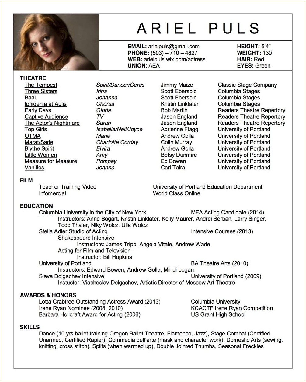 Example Of An Actor's Resume