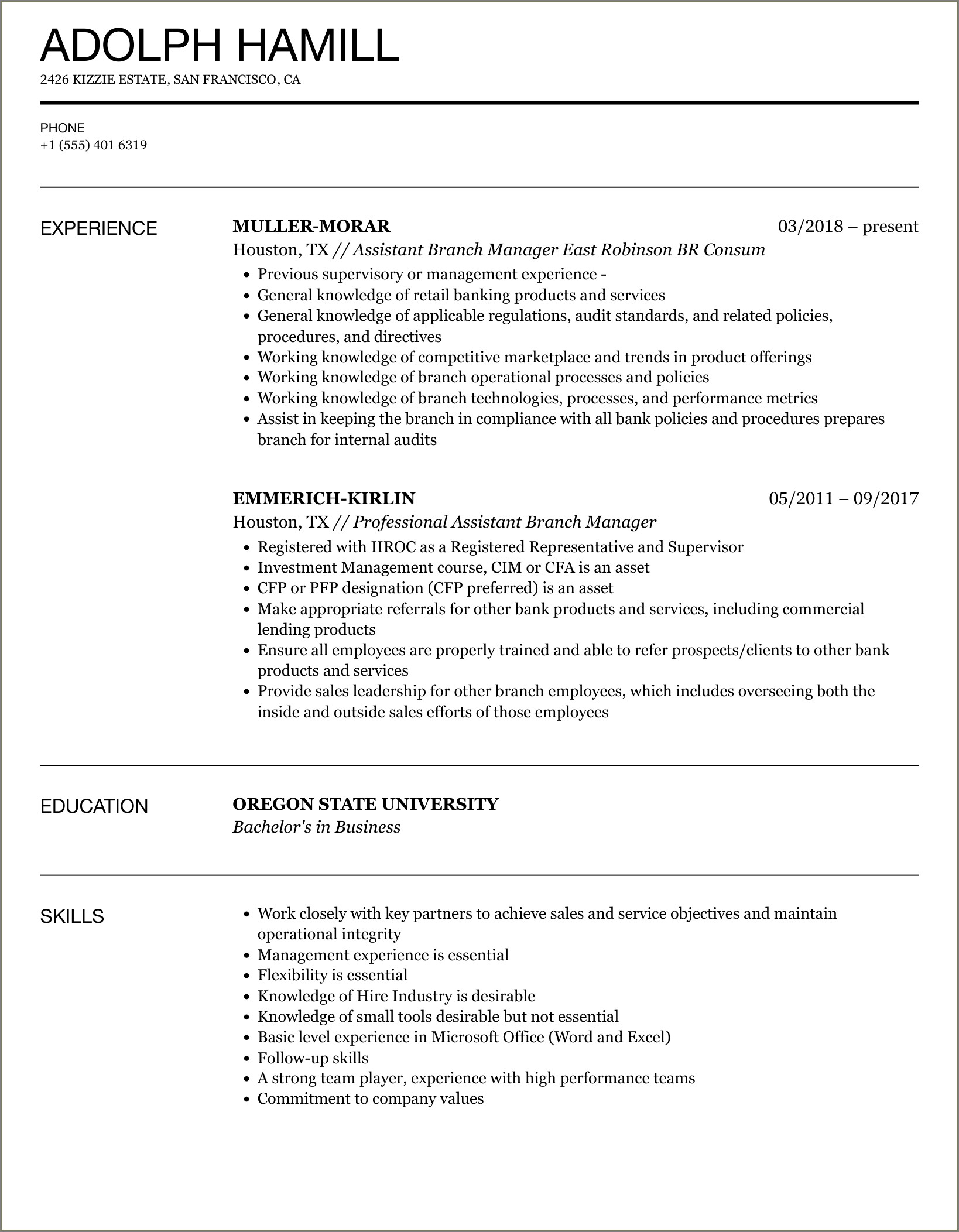 Example Of An Assistant Branch Manager Resume