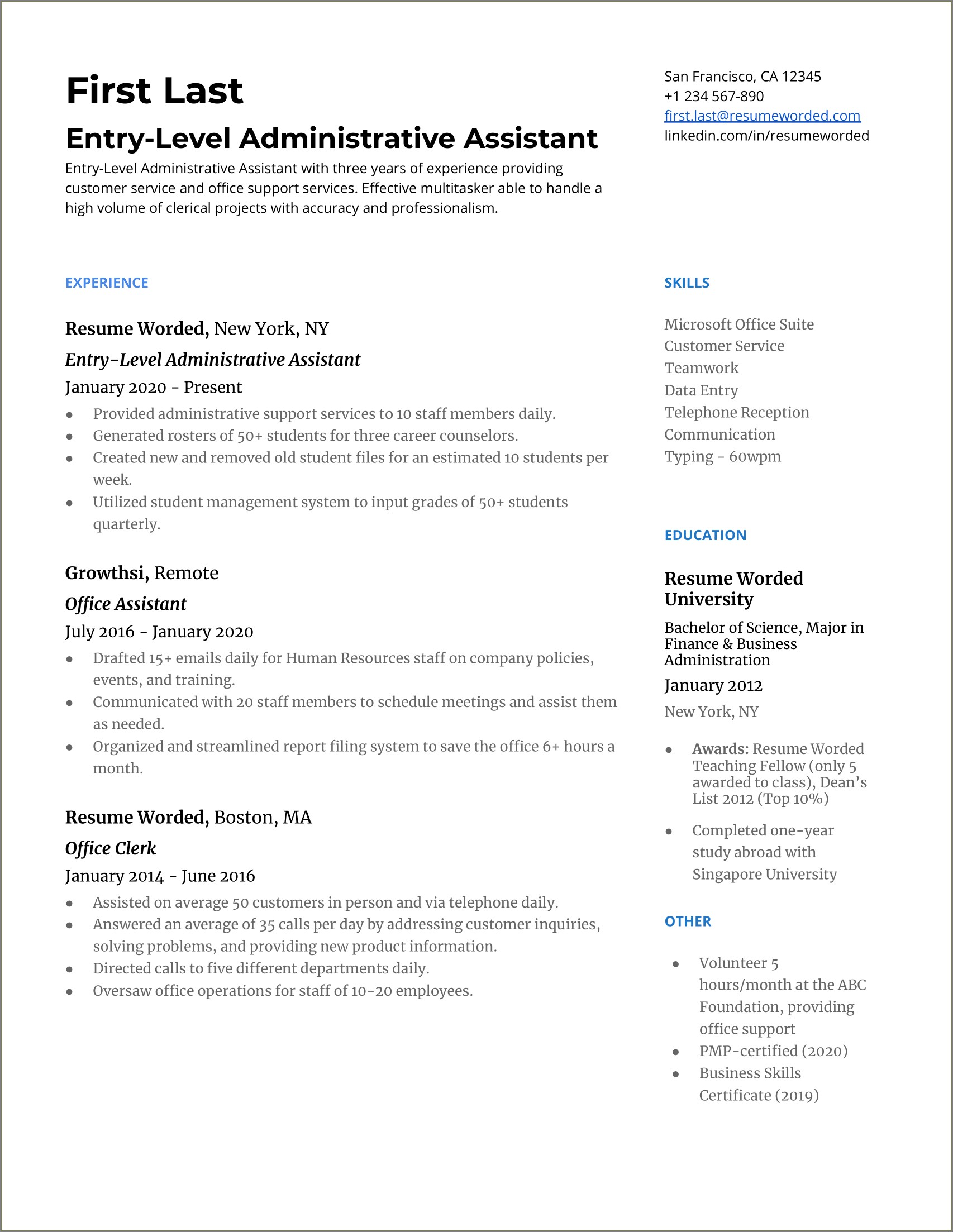 Example Of An Entre Levenadministrative Assistanct Resume