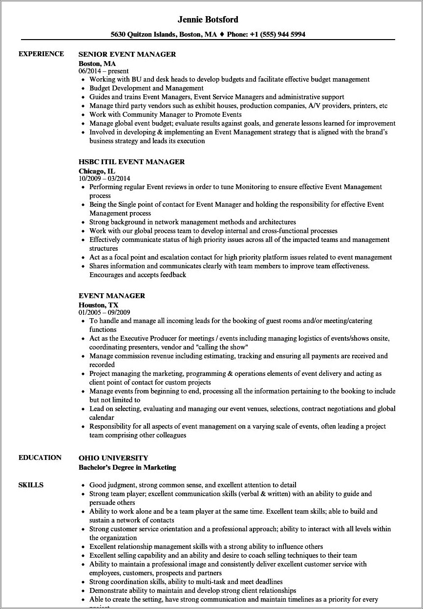 Example Of An Event Planner Resume Sample
