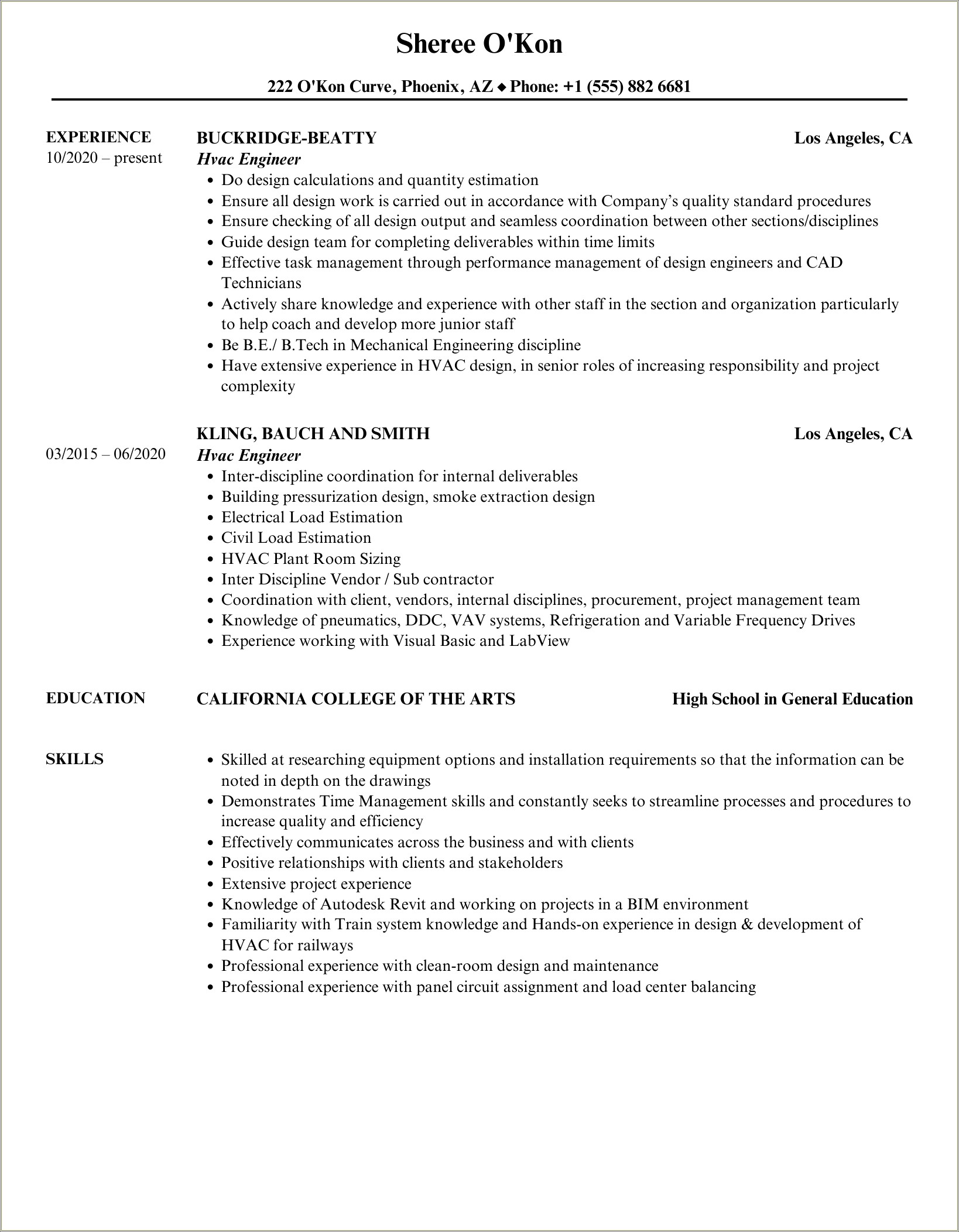 Example Of An Hvac Eng Resume