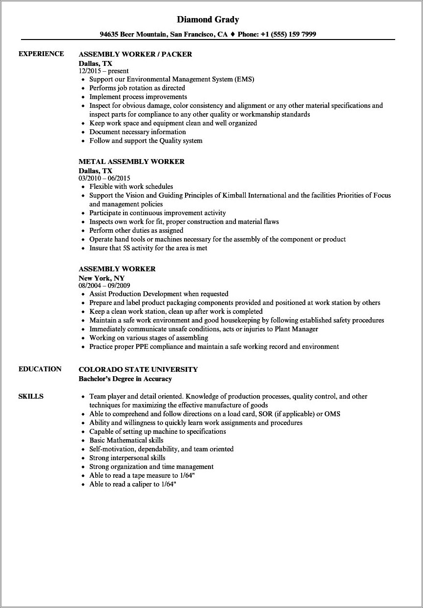 Example Of Assembly Line Worker Resume