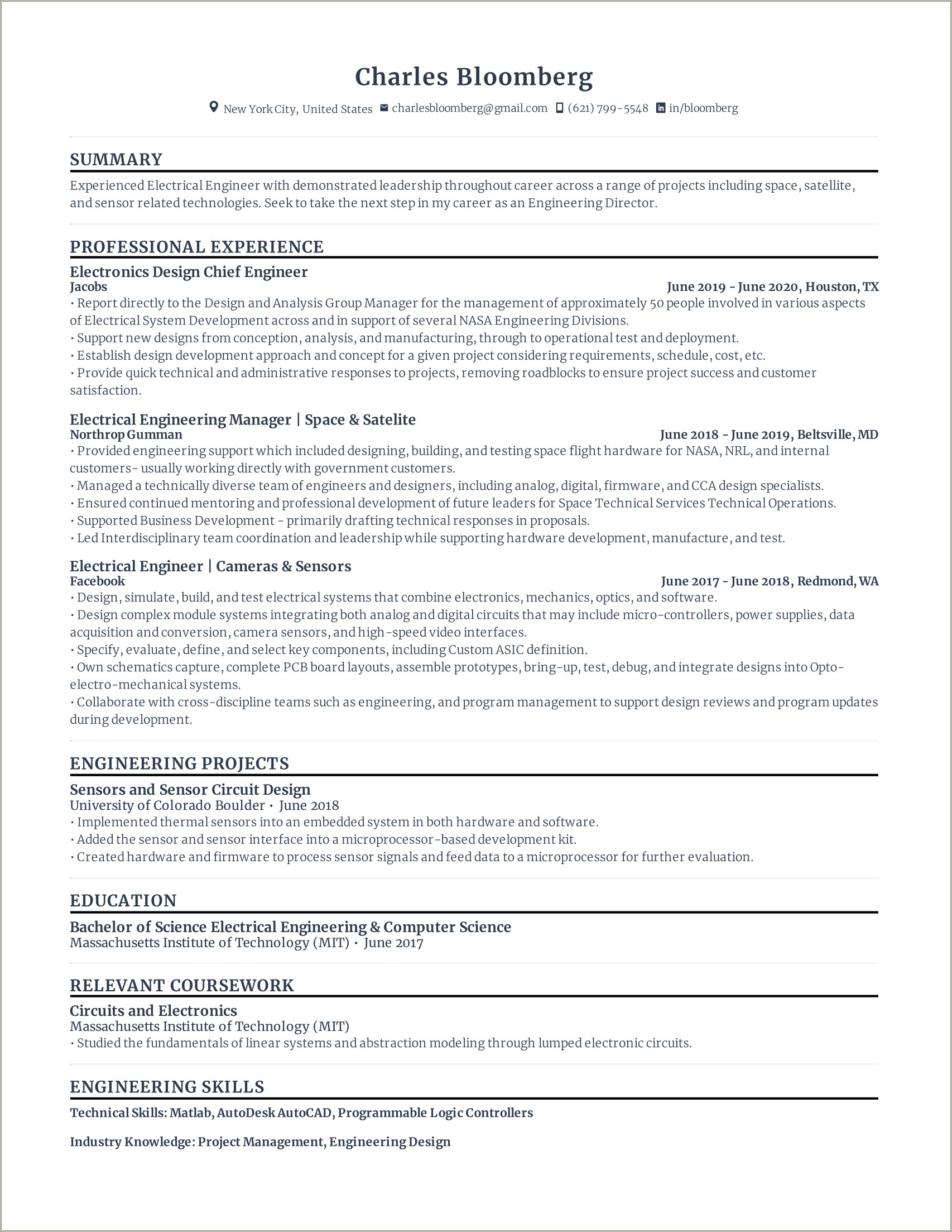 Example Of Bachelor Degree Electrical Engineering Resume