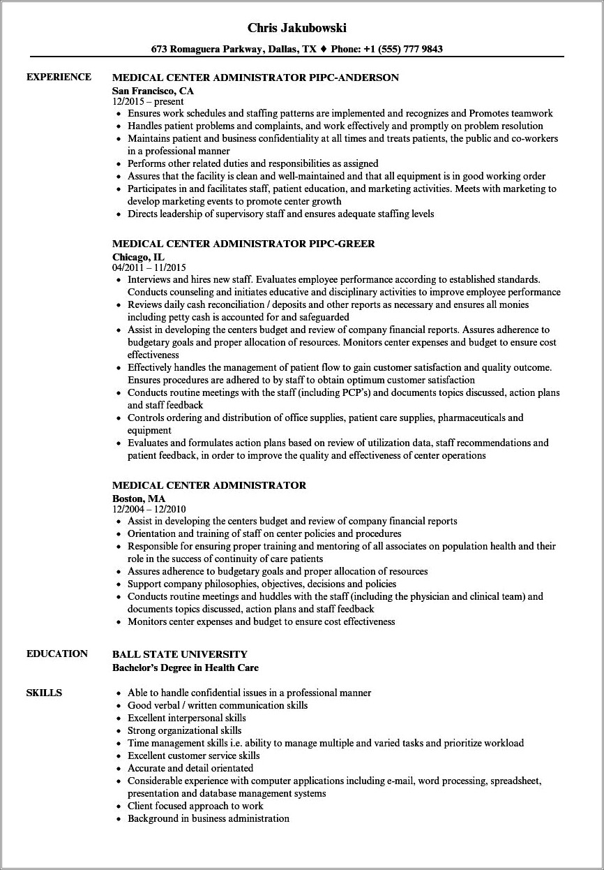 Example Of Busniess Resume With Healthcare Background