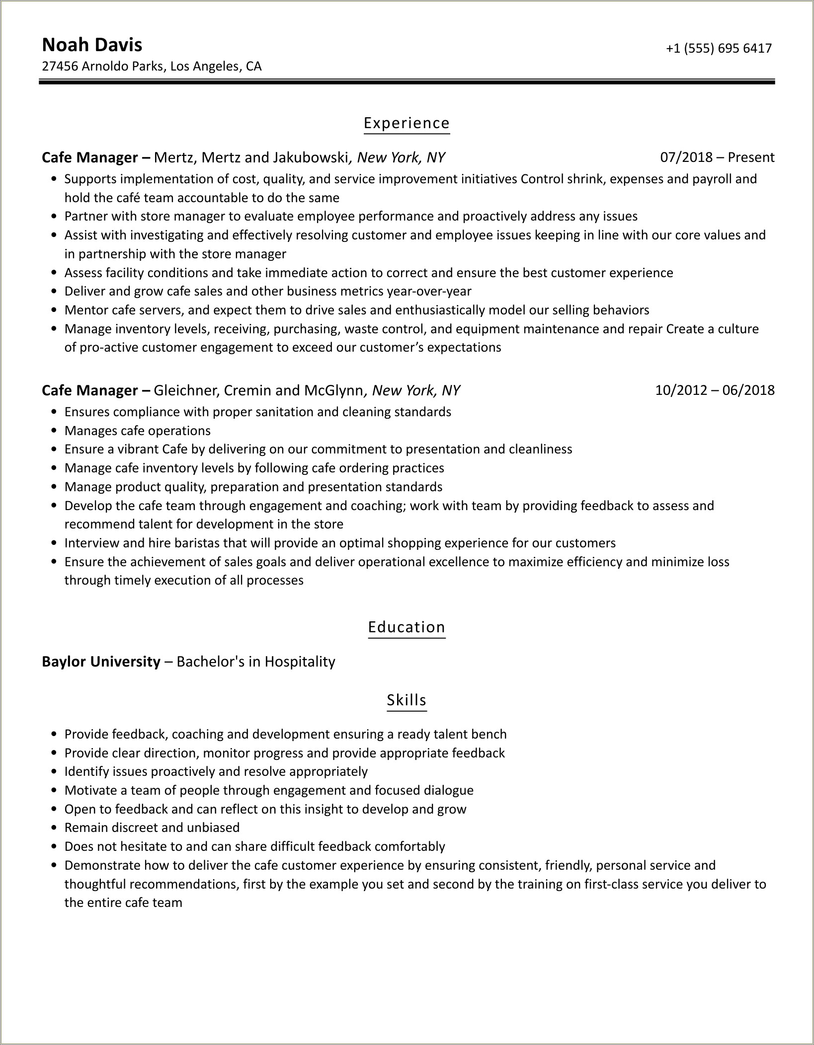Example Of Cafe Manager Resume Really Pdf