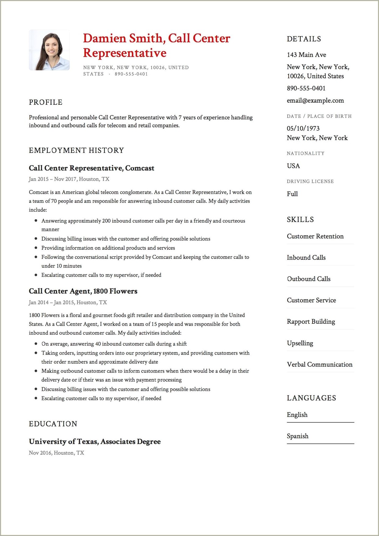 Example Of Call Center Resume Without Experience