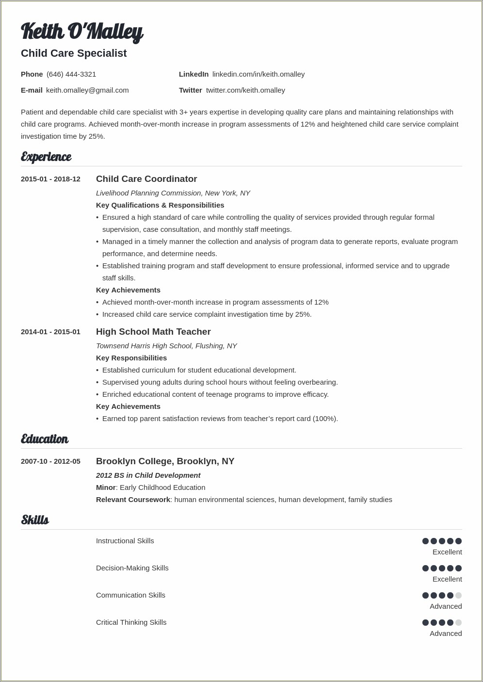 Example Of Child Care Provider Resume