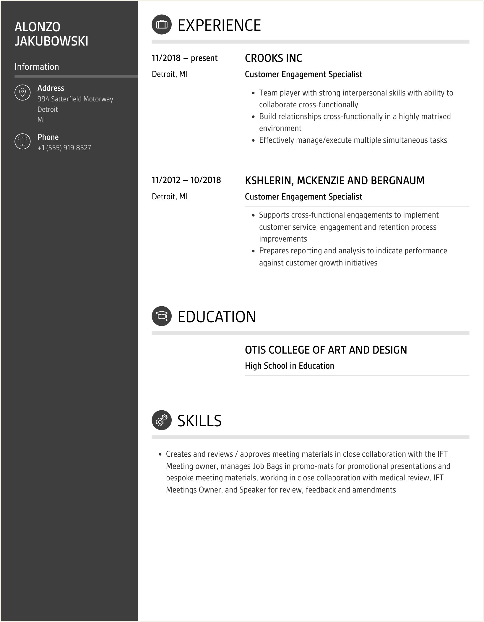 Example Of Client Engagement Specialist Resume
