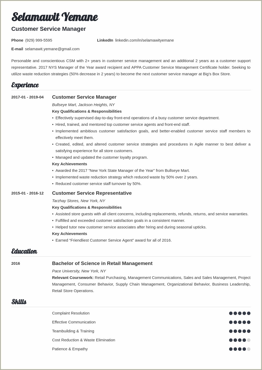 Example Of Client Service Manager Resume