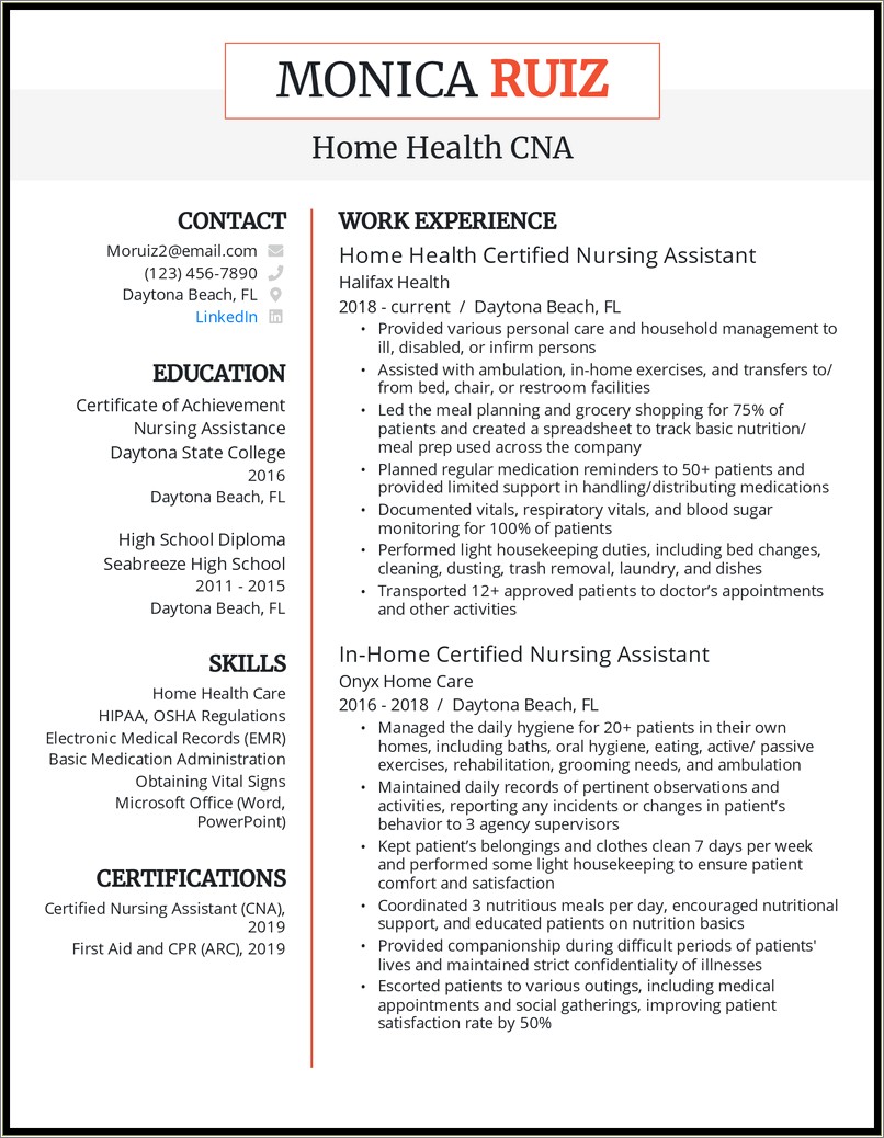 Example Of Cna Resume With Experience