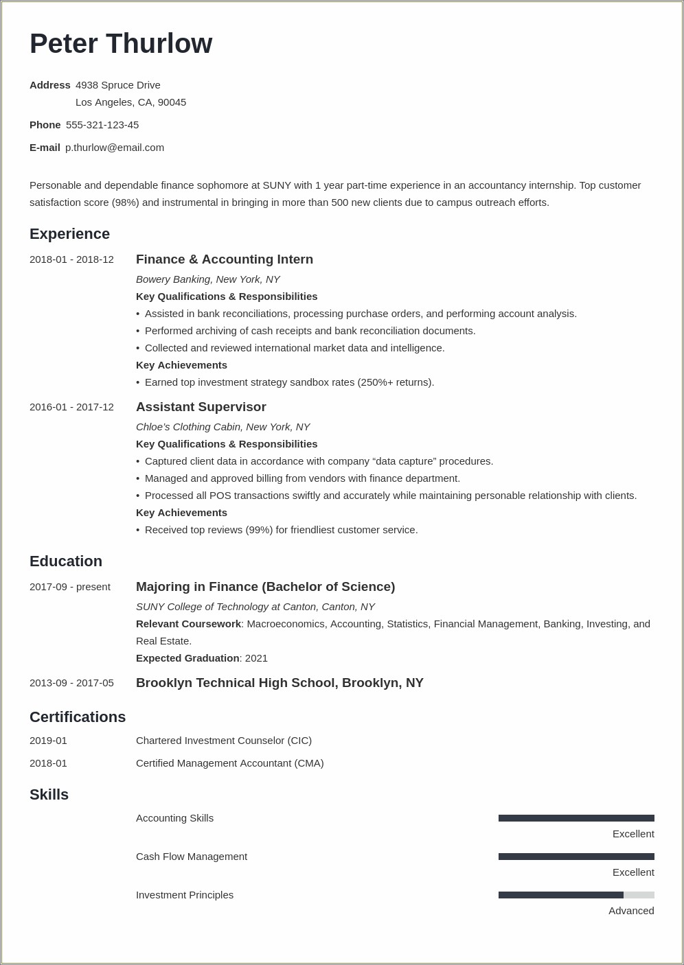 Example Of College Resume For Internship