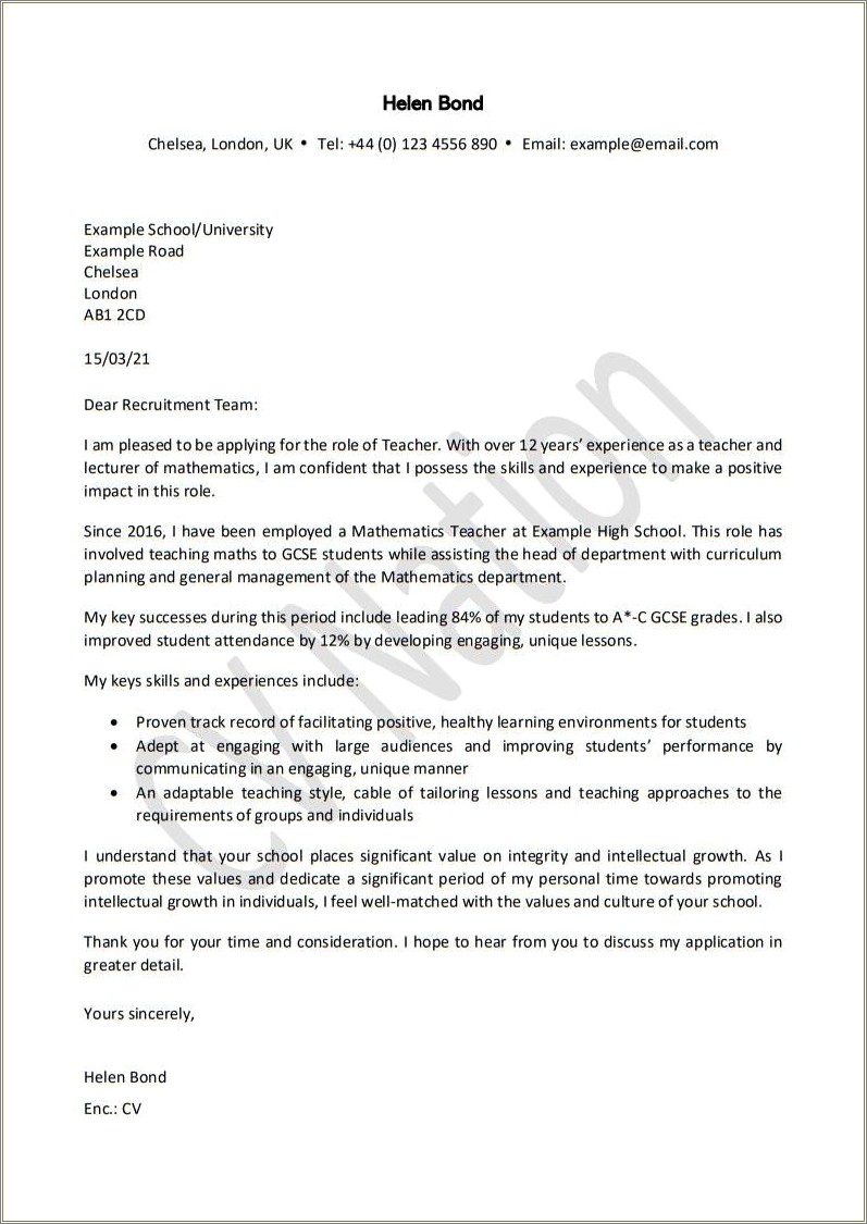 Example Of Cover Letter For Resume For Teachers