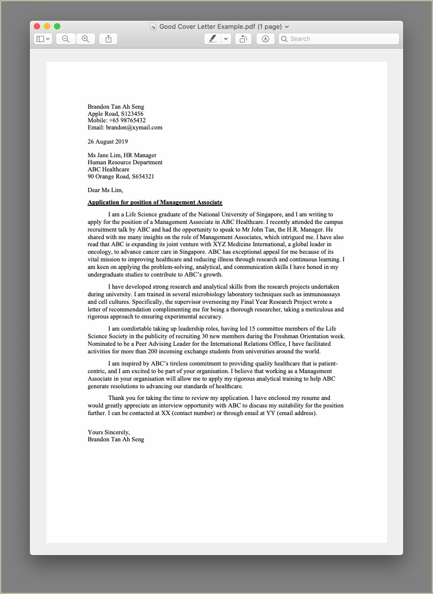 Example Of Cover Letter For Resume Pdf