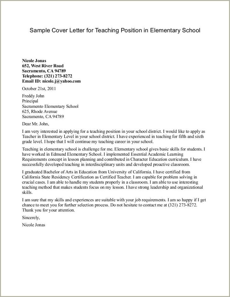 Example Of Cover Letter For Resume Teaching