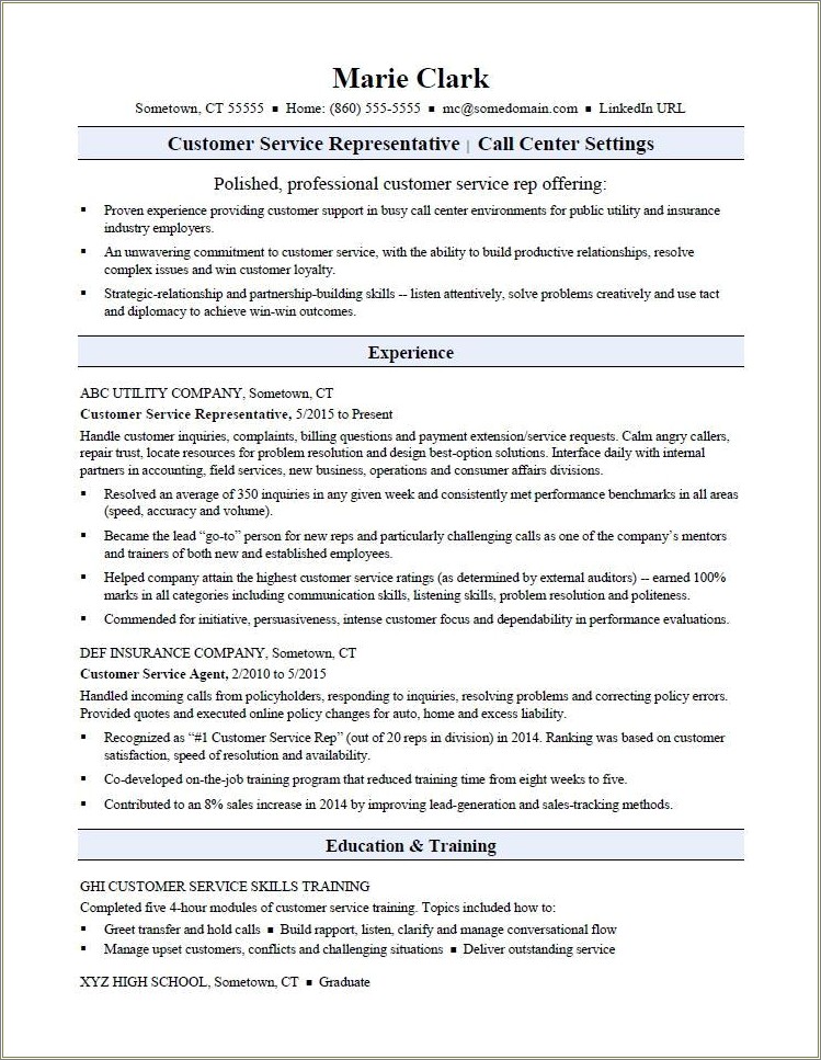 Example Of Customer Service Experience Resume