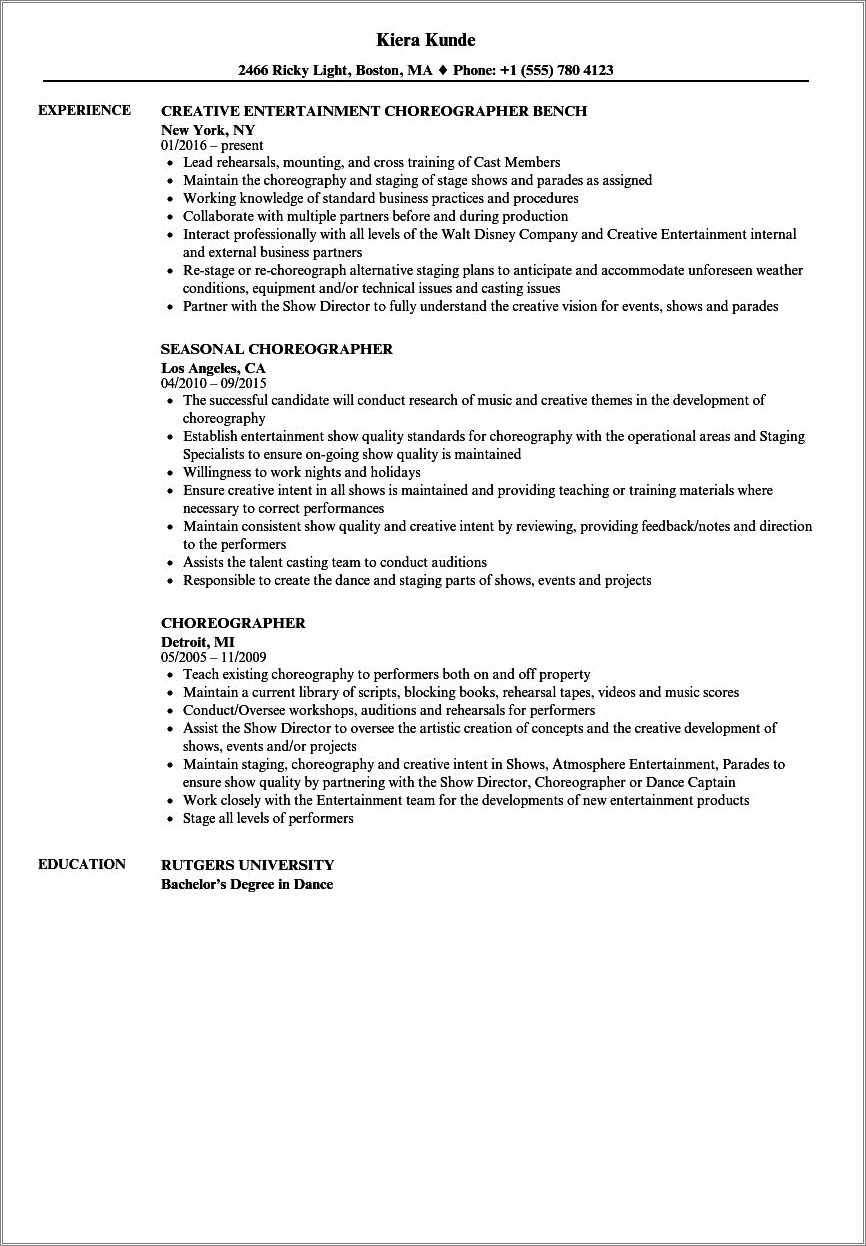 Example Of Dance Resume For College
