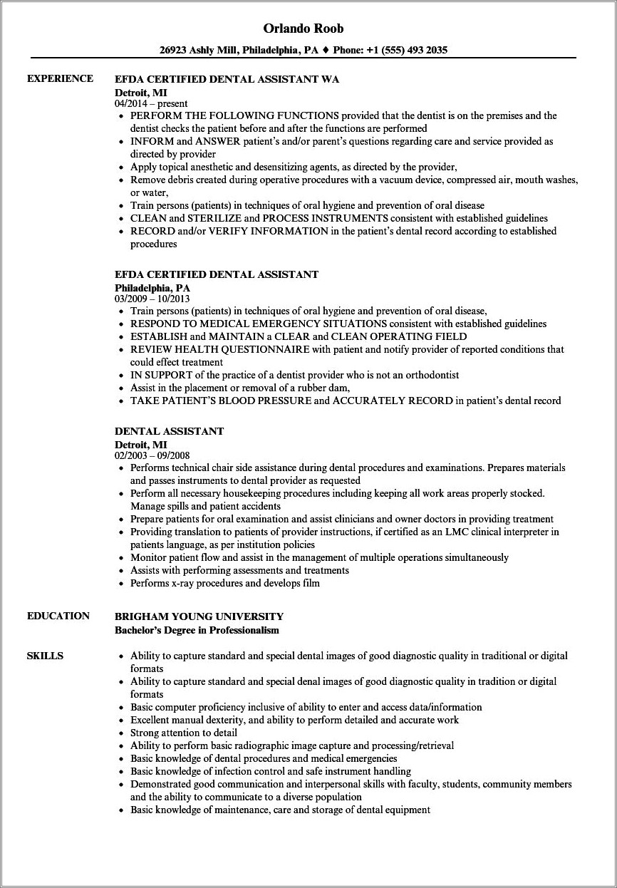Example Of Dental Assistant Internship Job Description Resume