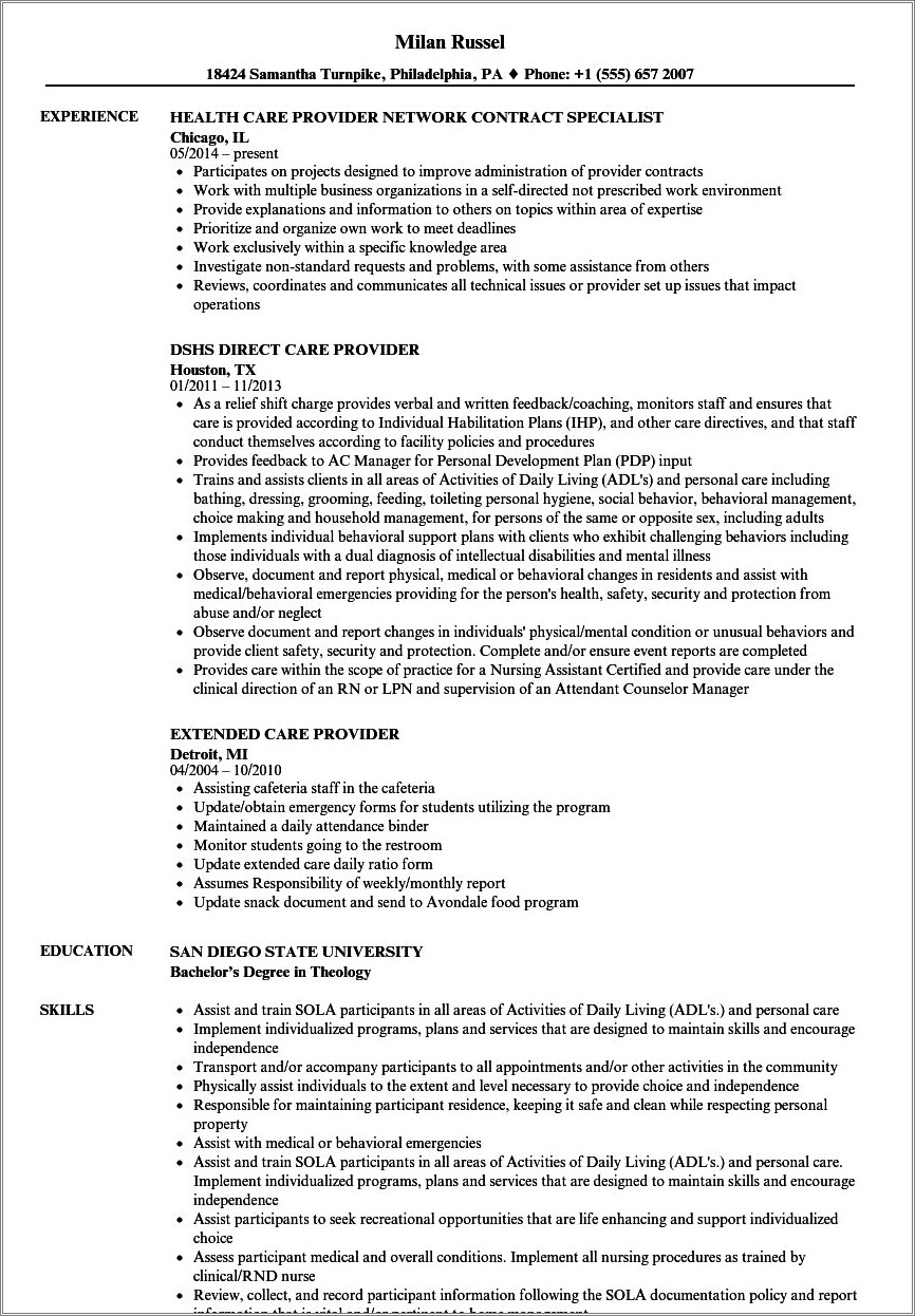 Example Of Direct Care Staff Resume