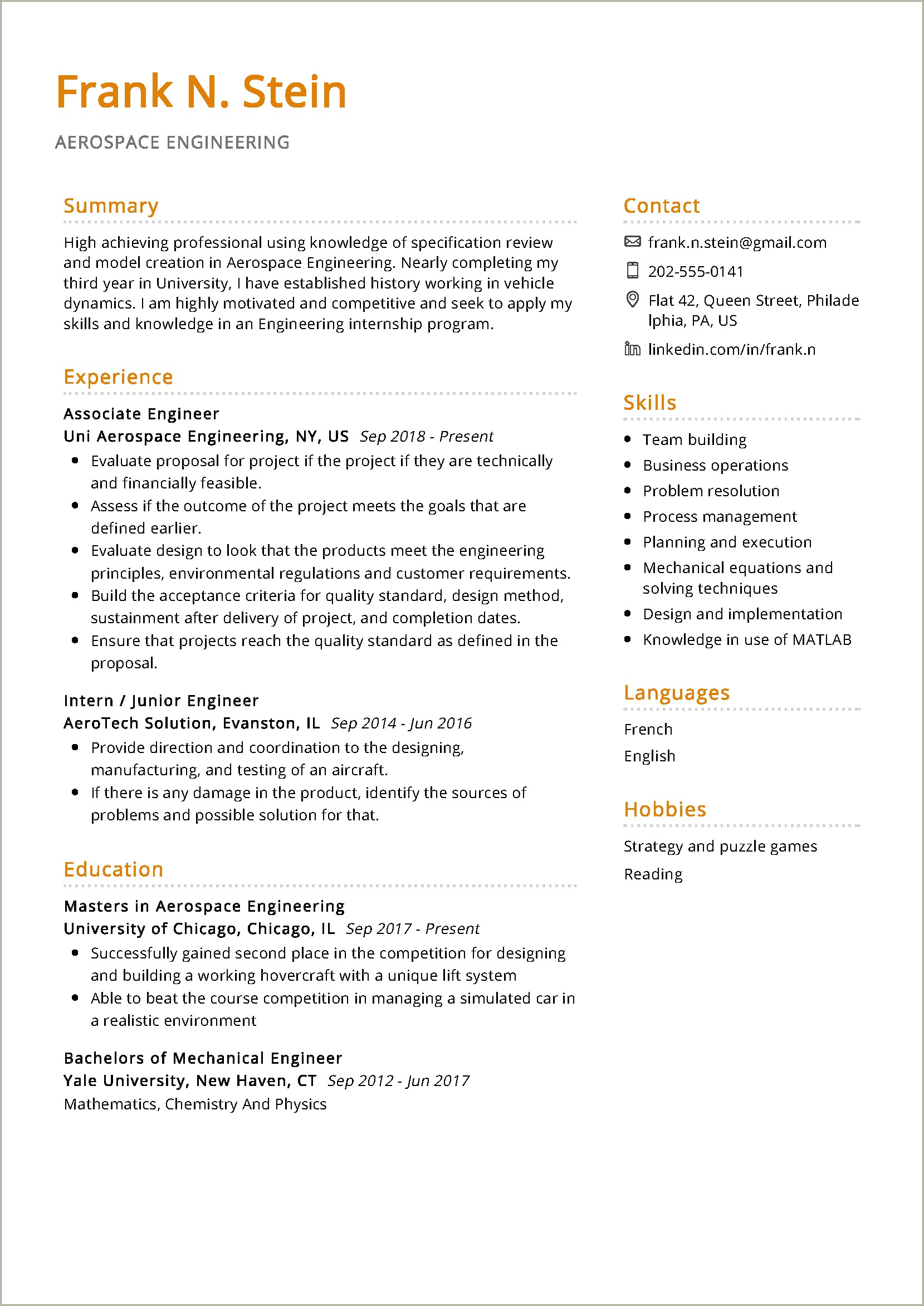 Example Of Engineering Resume For Internship