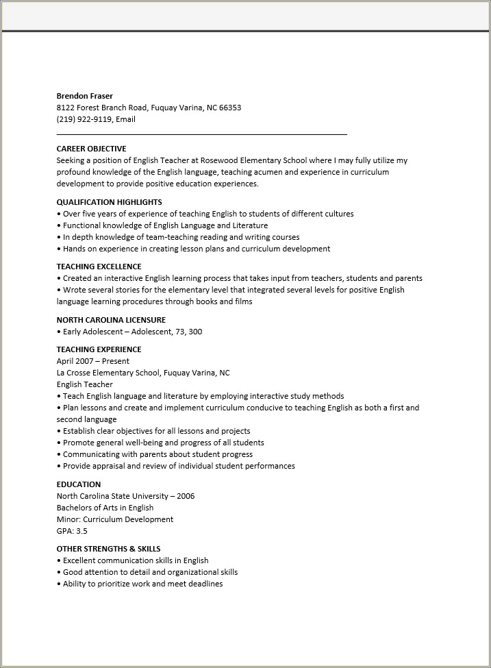 Example Of English Teacher Functional Resume