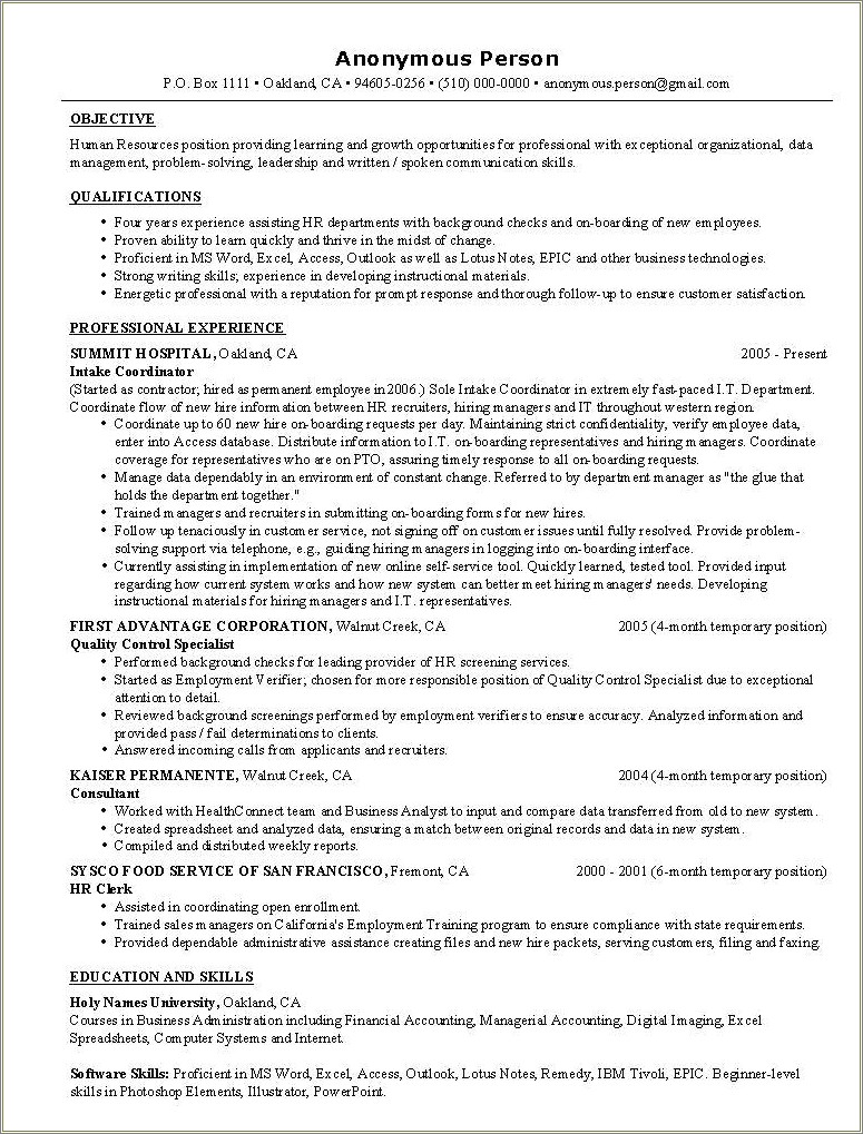 Example Of Entry Level Hr Resume