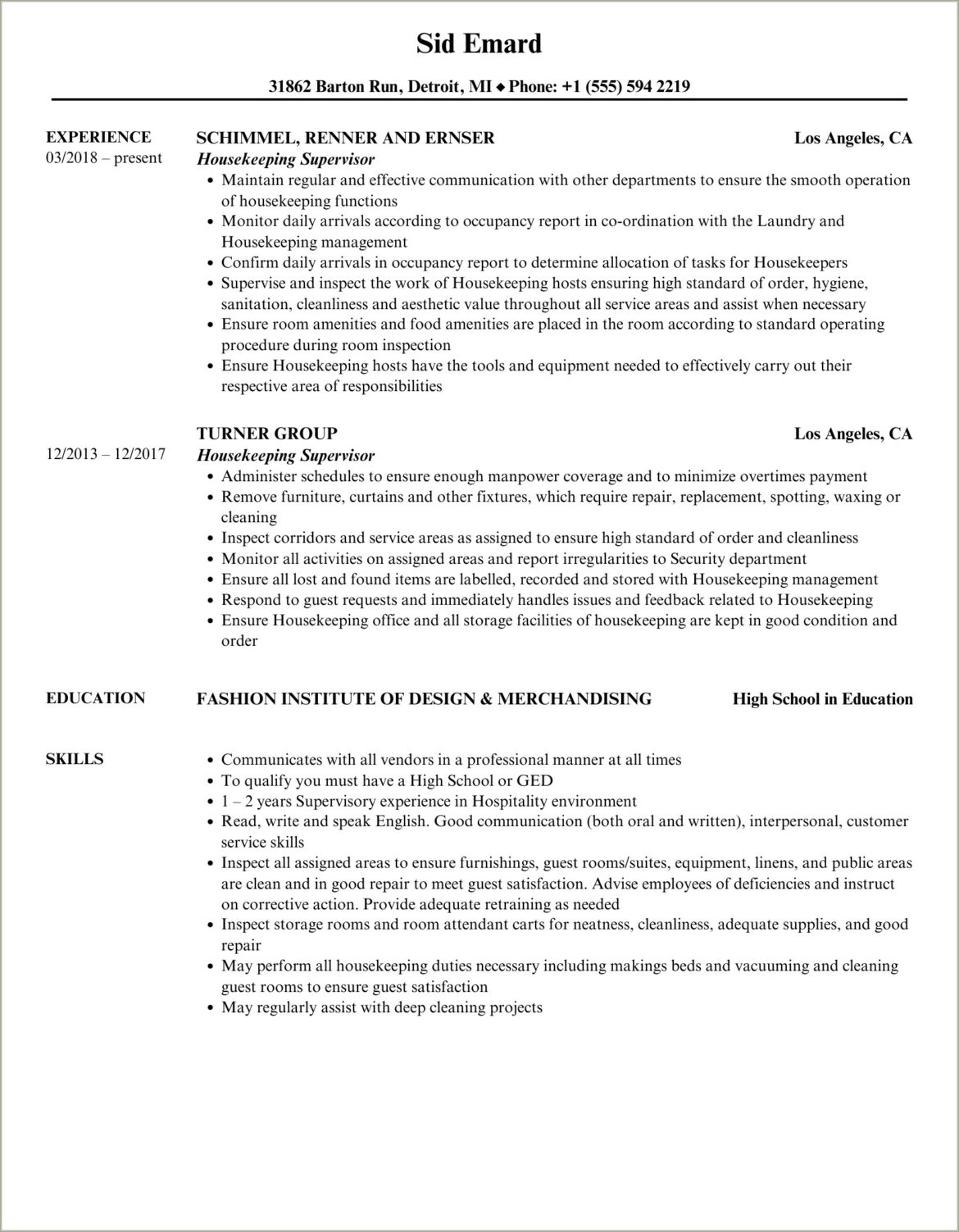 Example Of Environmental Housekeeping Supervisor Resume