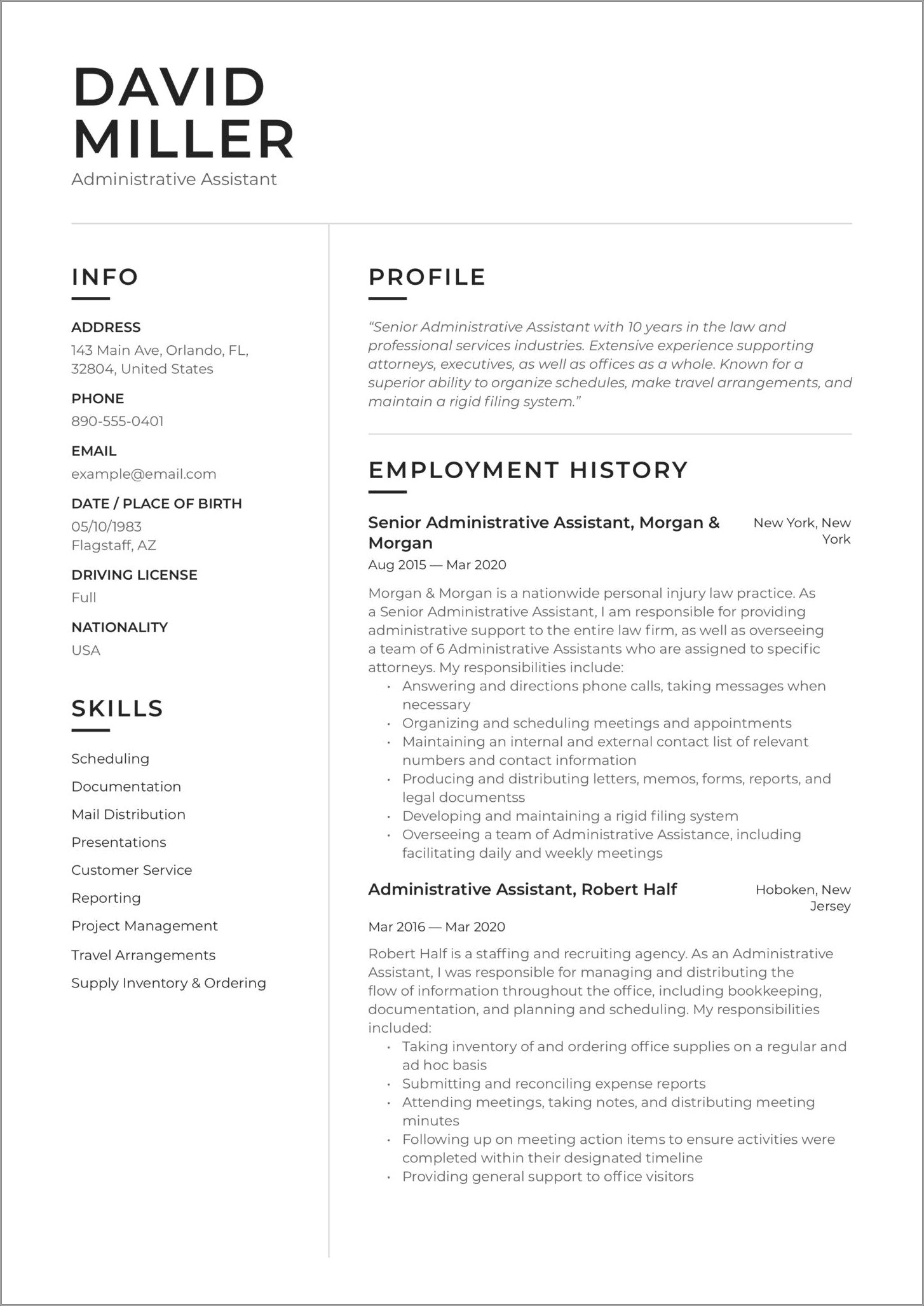 Example Of Excellent Administrative Assistant Resume