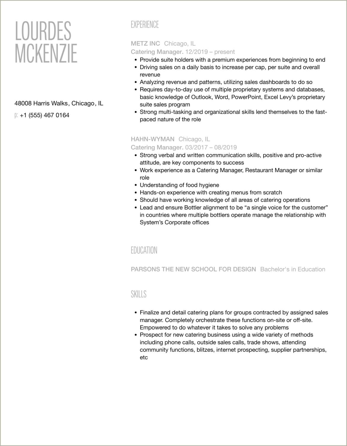 Example Of Extensive Catering Manager Resume