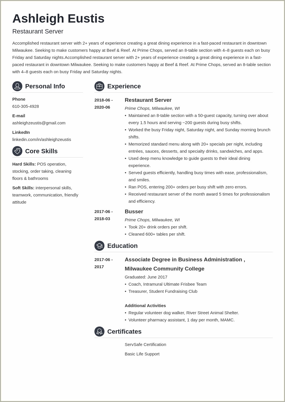 Example Of Fine Dining Server Resume