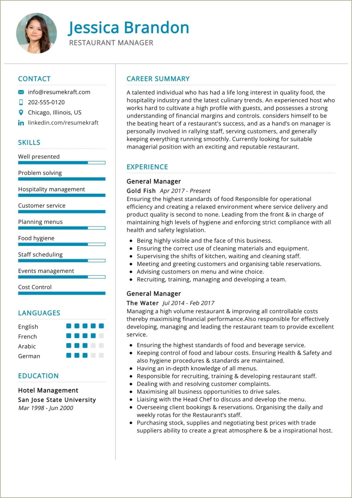 Example Of Food Service General Manager Resume