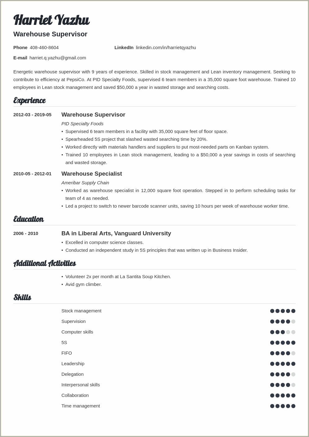 Example Of Food Service Supervisor Resume