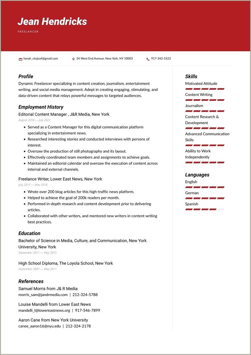 Example Of Freelance Work On Resume