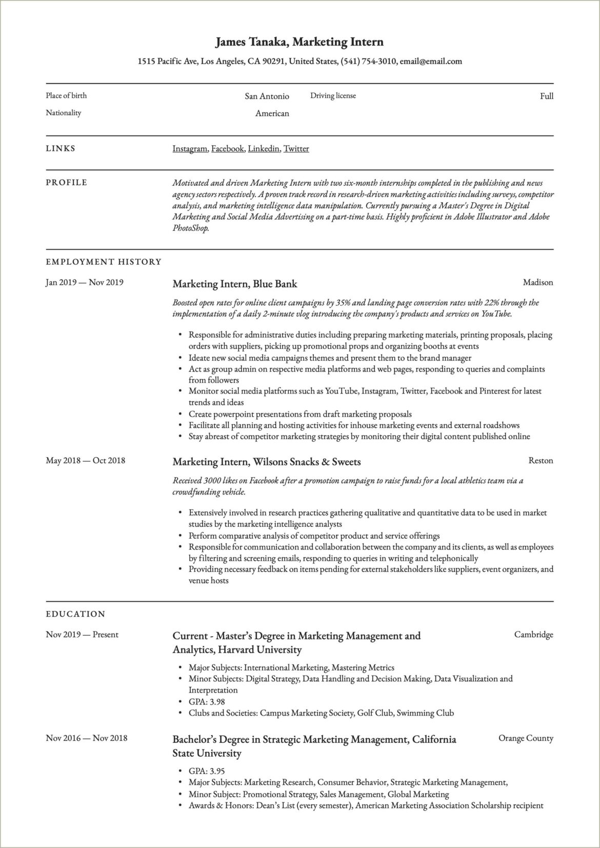 Example Of Good Resume For Internship