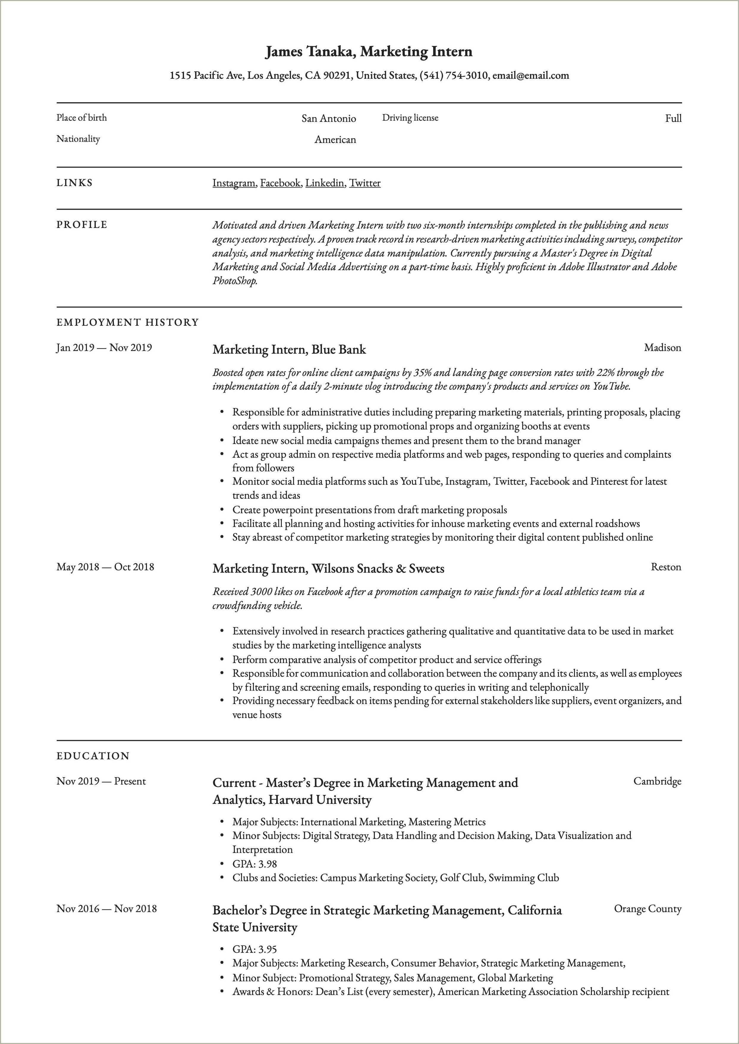 Example Of Good Resume For Internship