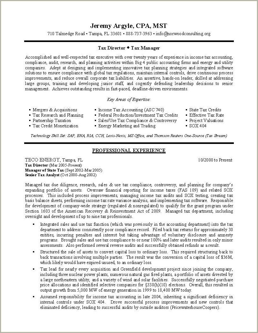 Example Of Good Resume For Tax Manager