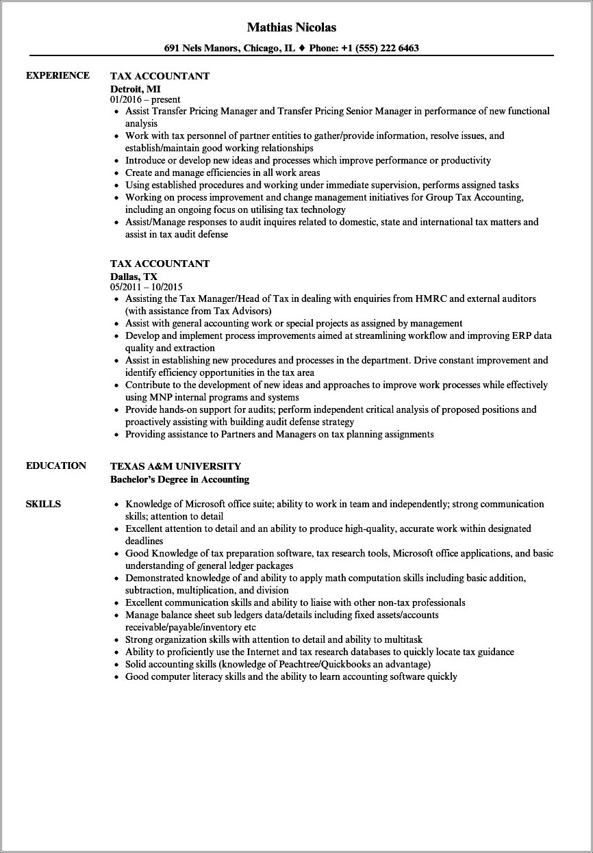 Example Of Good Resume For Tax Professional