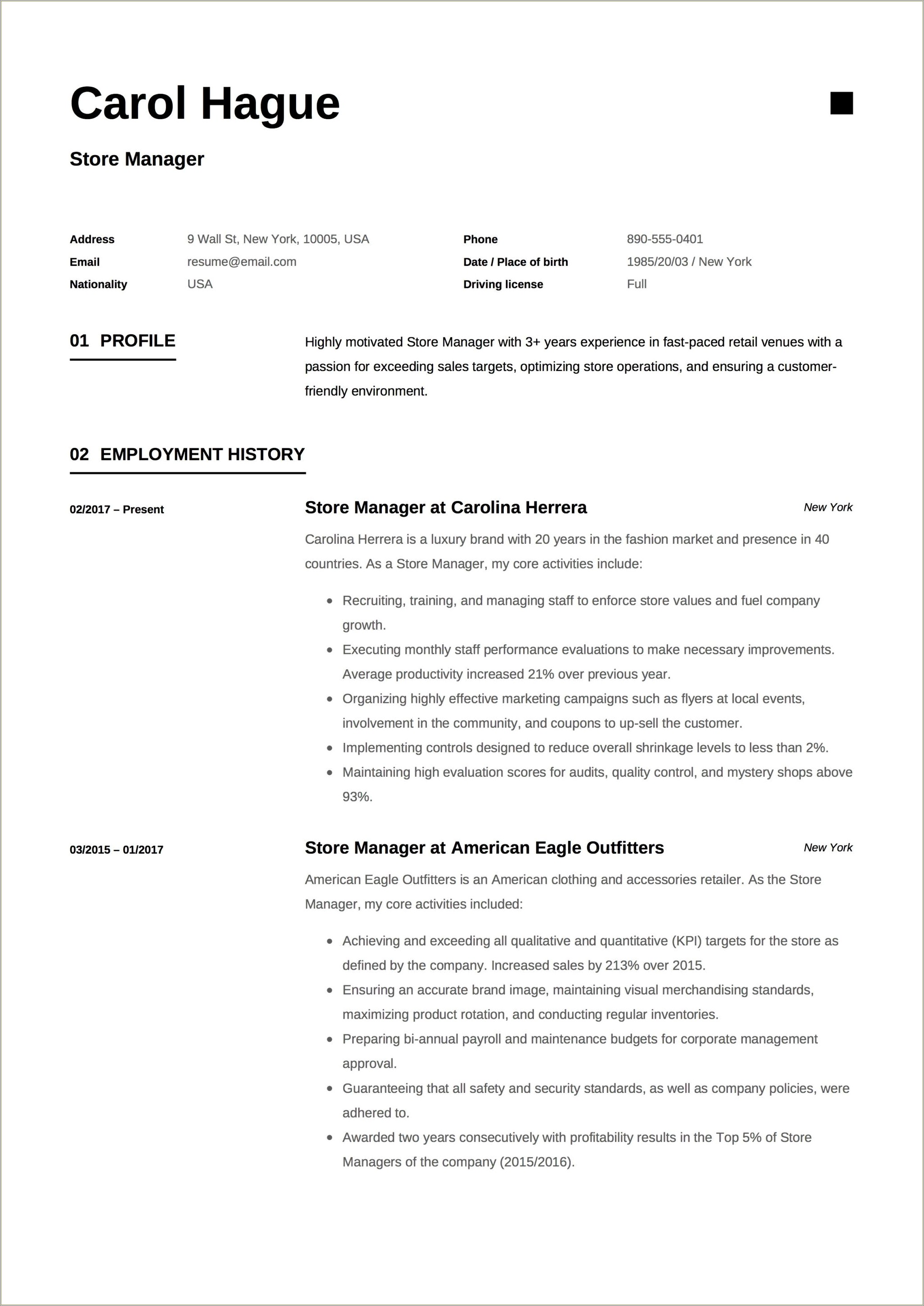 Example Of Good Resumes For Retail Managers