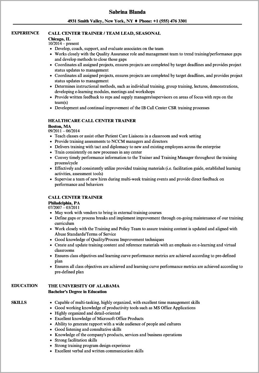 Example Of Great Corp Orate Trainer Resume