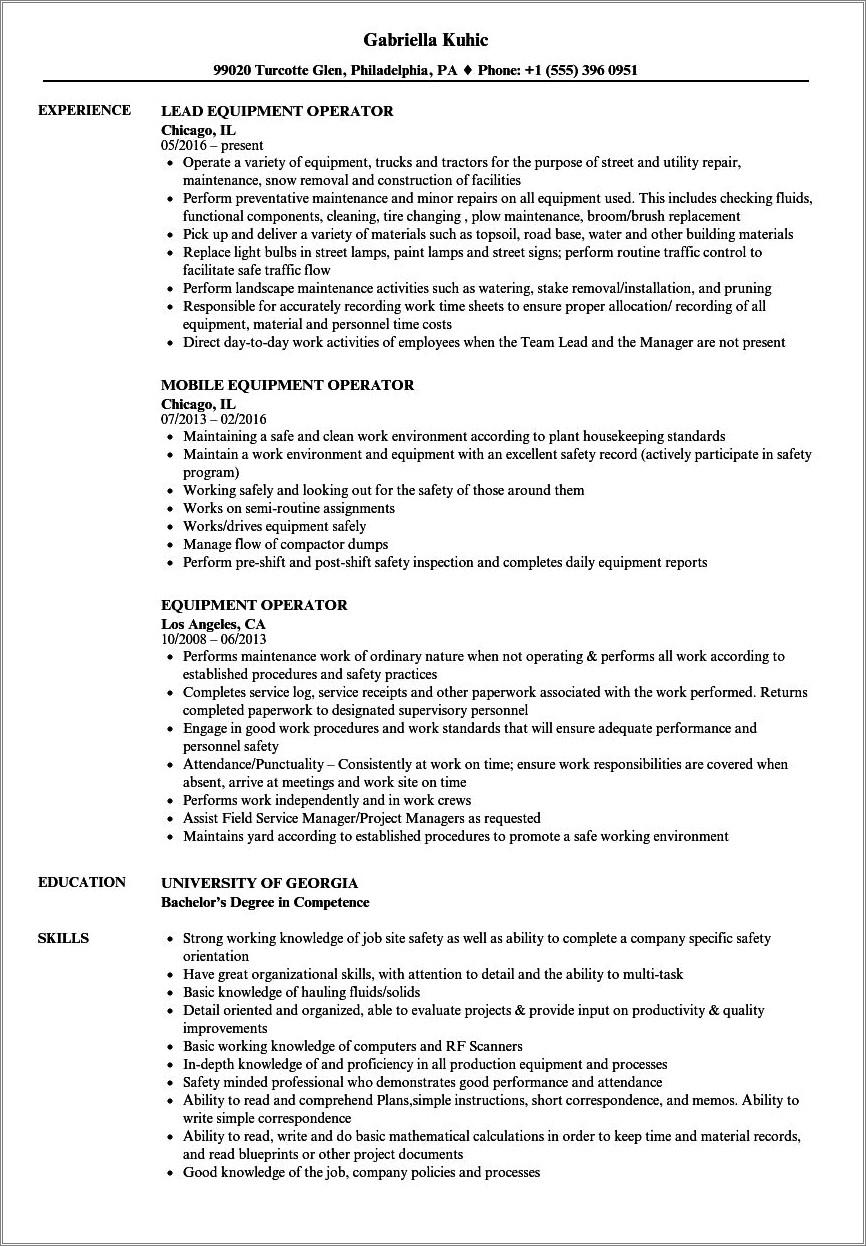 Example Of Heavy Equipment Operator Resume