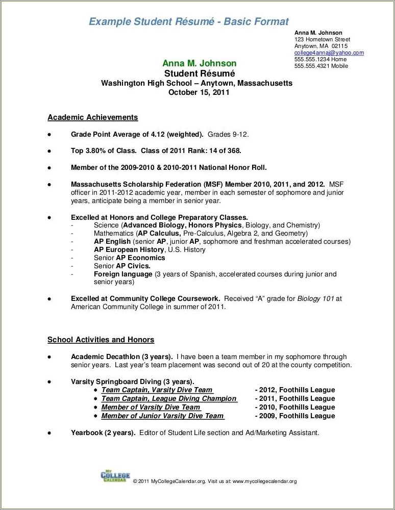 Example Of High School College Resume