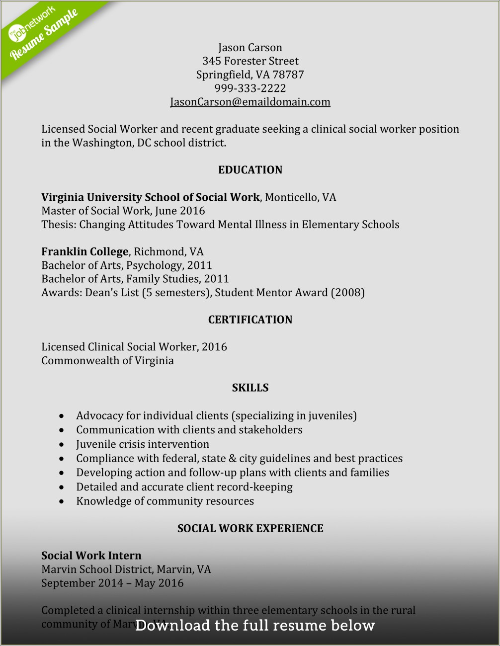 Example Of Hospital Social Worker Resume