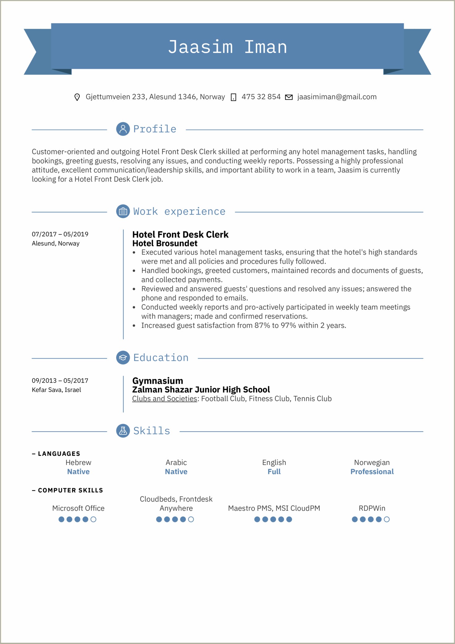 Example Of Hotel Front Desk Resume