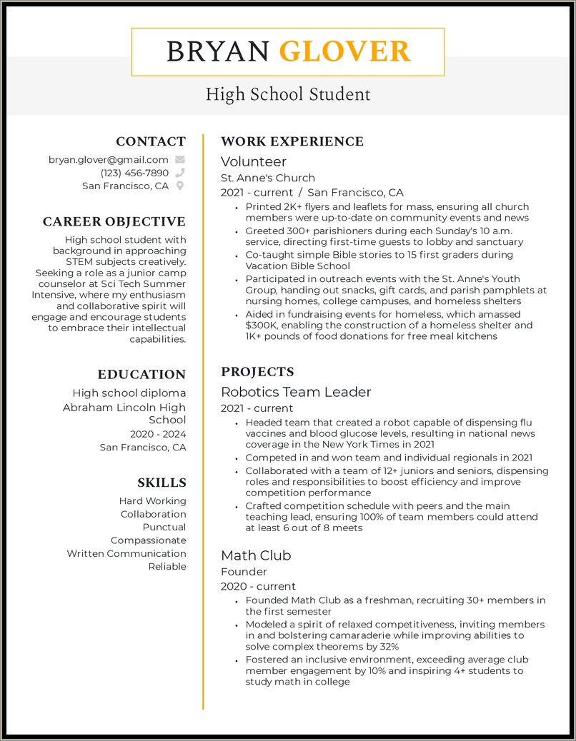 Example Of Leadership Skills High School Student Resume
