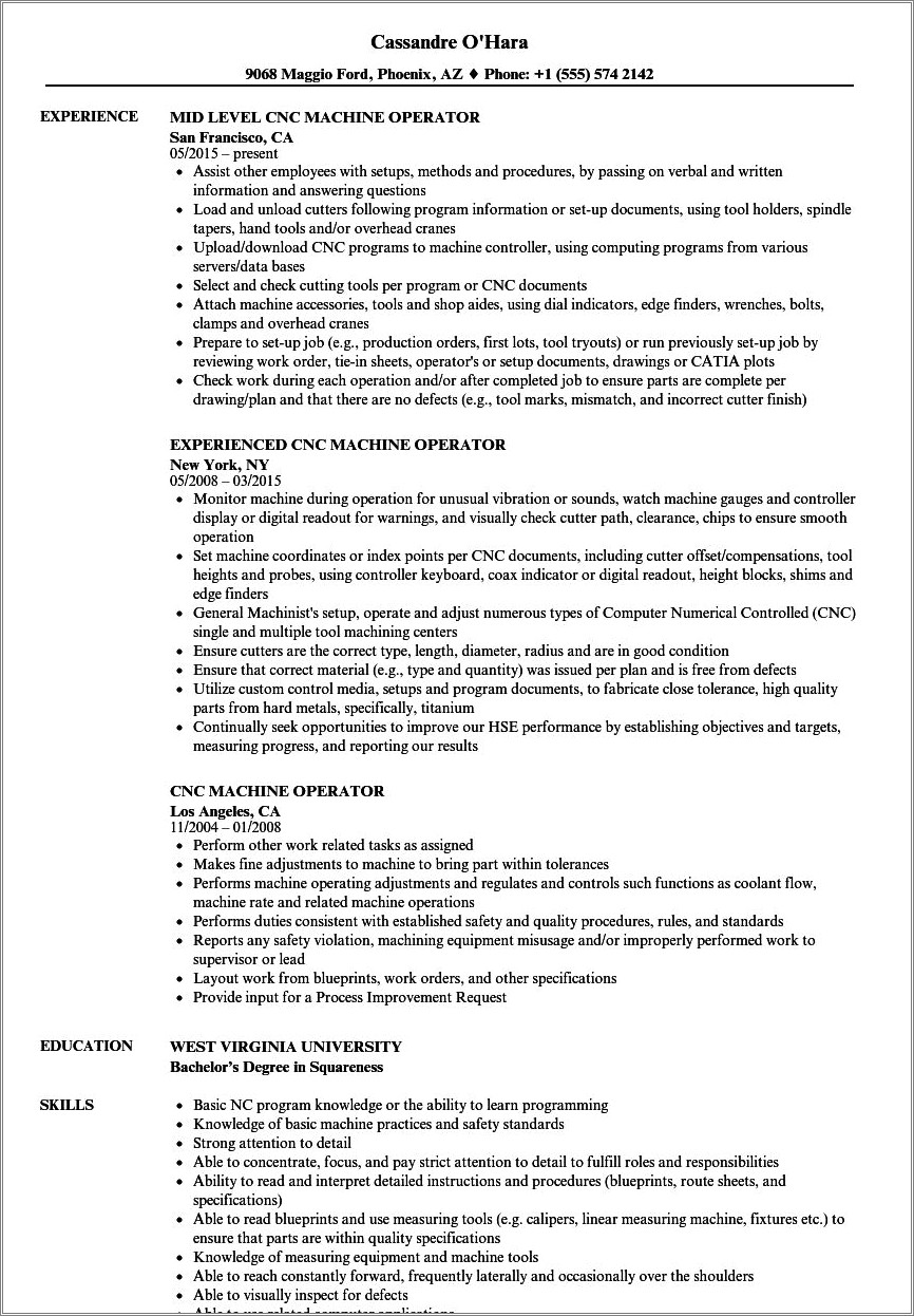 Example Of Machine Operator Objective Resume