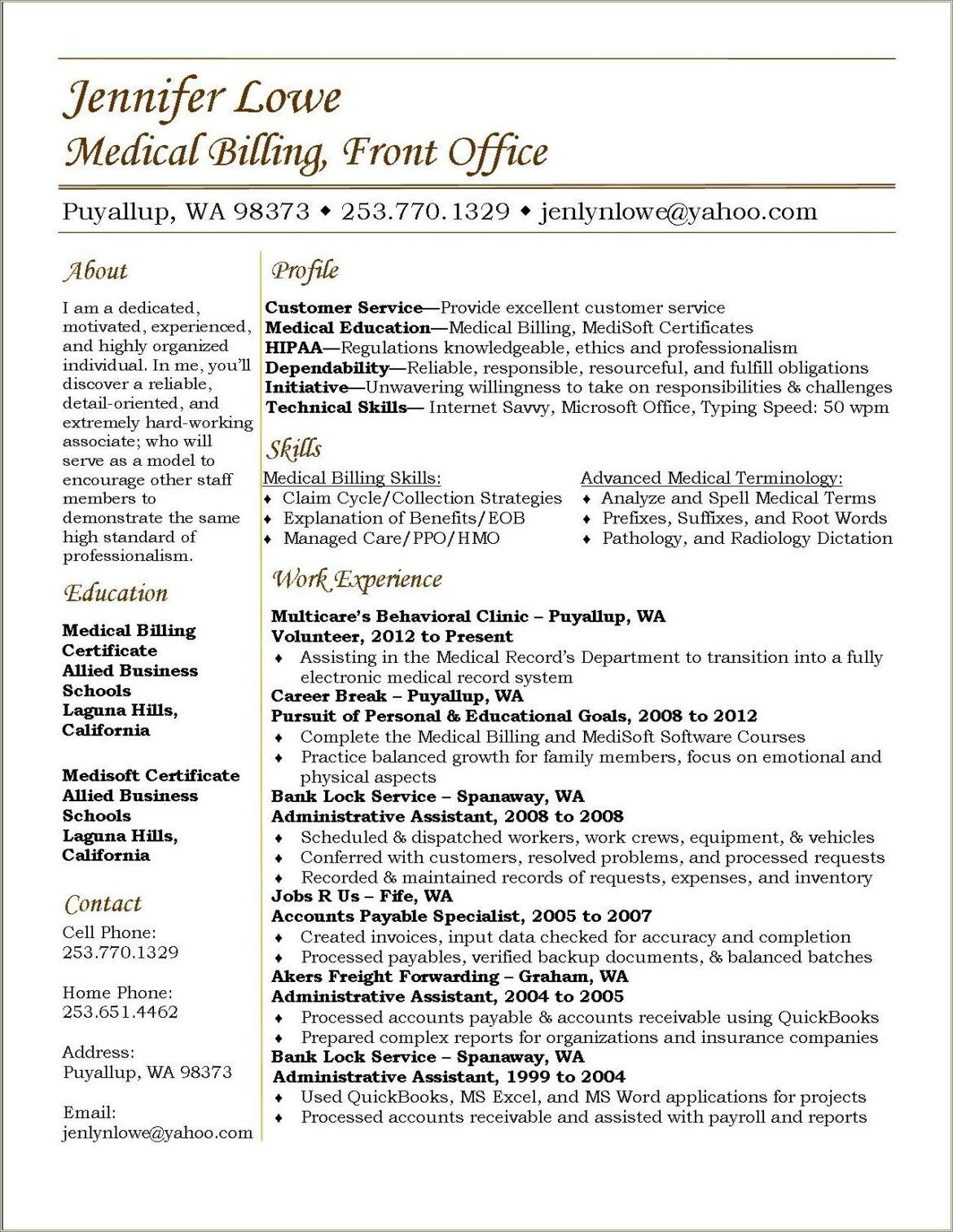 Example Of Medical Billing And Coding Resume