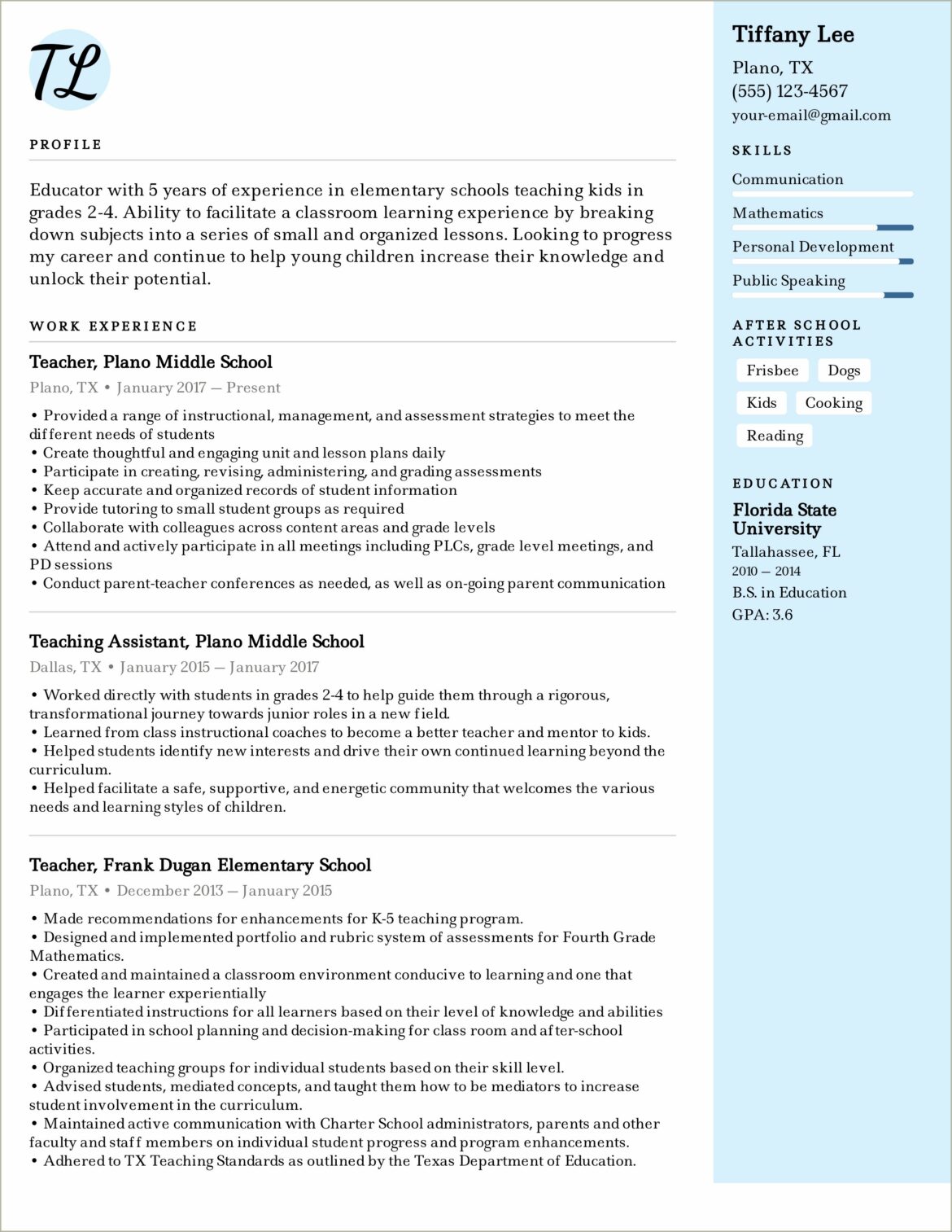 Example Of Middle School Teacher Resume