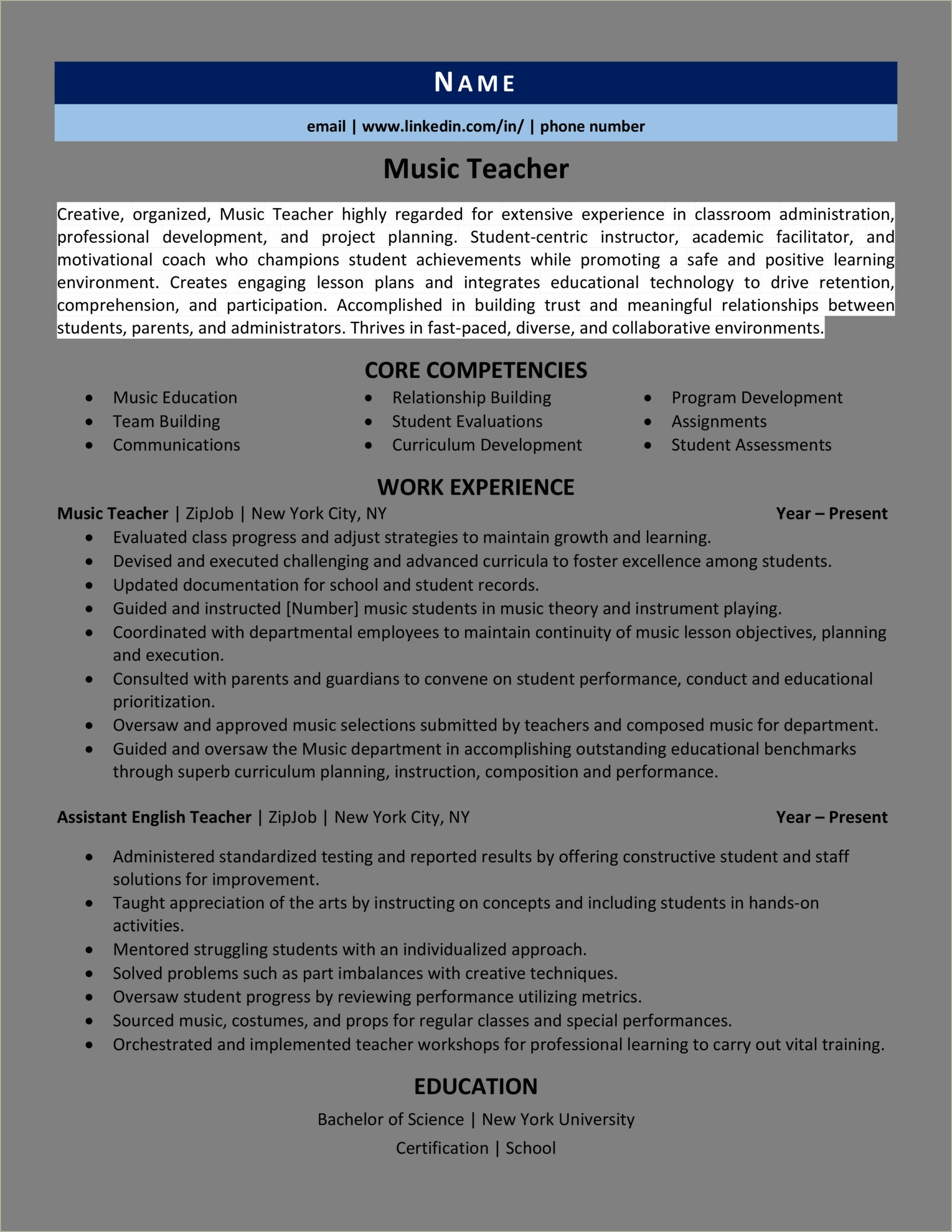 Example Of Music Resume For College
