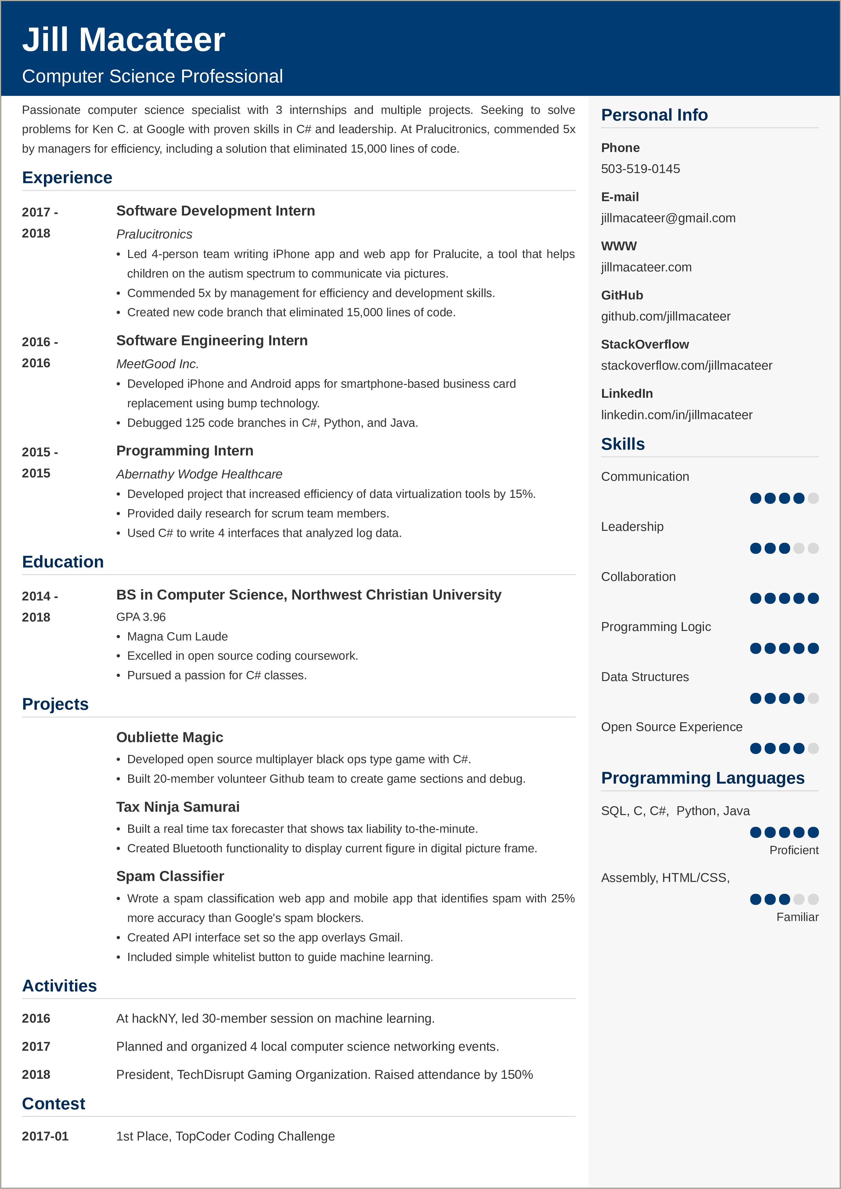 Example Of Objective In Resume For Computer Science