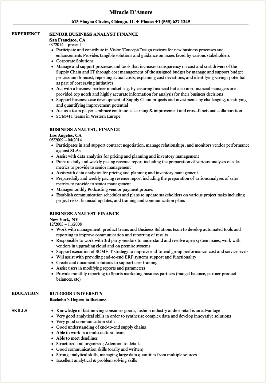 Example Of Operations Business Analyst Resume